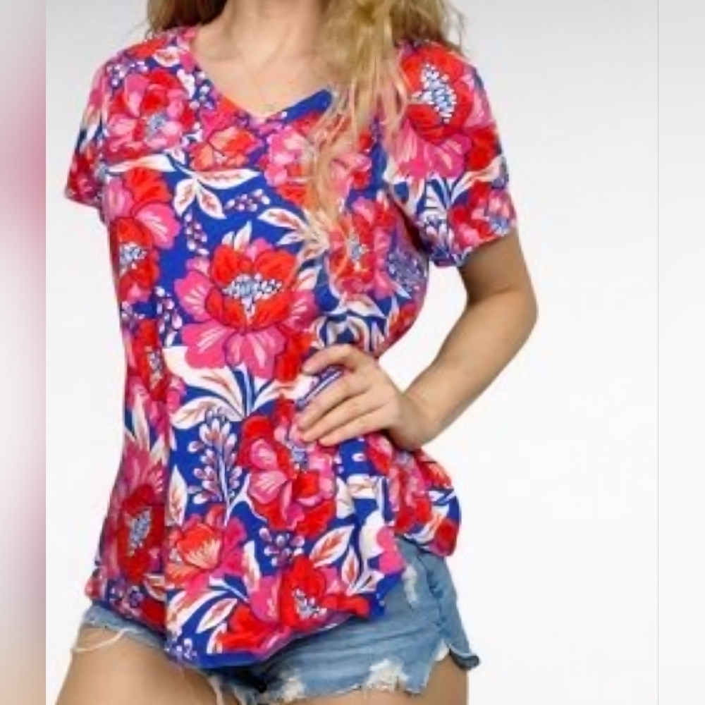 Sigrid Olsen •Size 1X•  V-neck 100% Cotton T-Shirt Tropical Floral Top